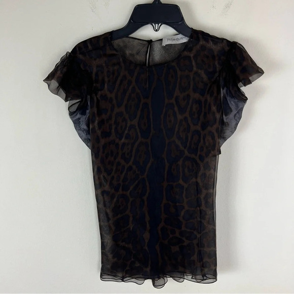 Yves Saint Laurent YSL Leopard Print Ruffle Sheer Boise Top Size 0 / XS - Picture 1 of 5